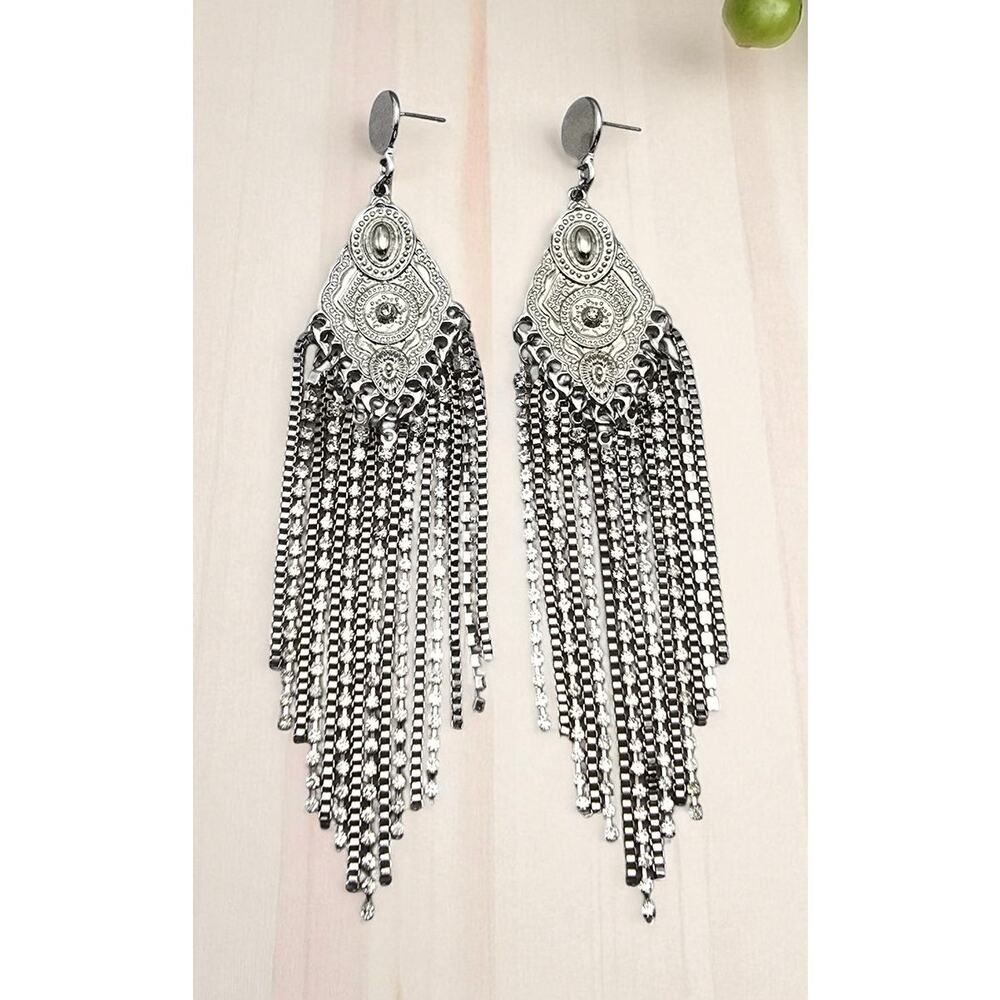 Silver Filigree Fringe Statement Earrings Rhinestone Dangle – Dramatic Glam - Picture 2 of 8